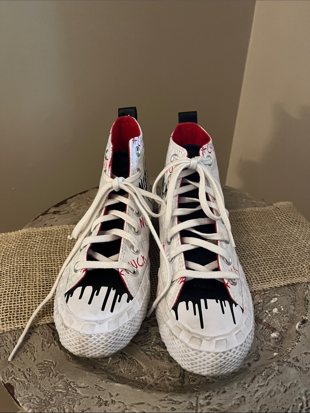 Converse White High-Top Sneakers with Black Drip and Red Lining